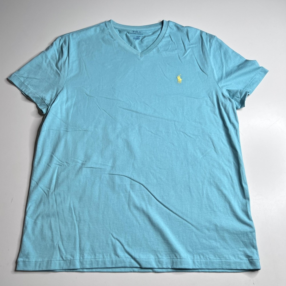 Polo Ralph Lauren Shirt Mens Large Blue V-Neck Pony Logo Tee Tagless Cotton